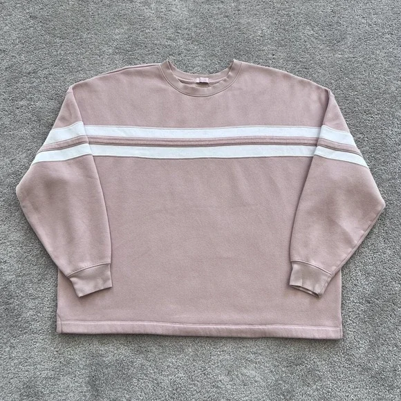 Nuuds Striped Crewneck Sweatshirt Womens XL Pink Fleece Varsity Logo Pullover - Picture 1 of 16